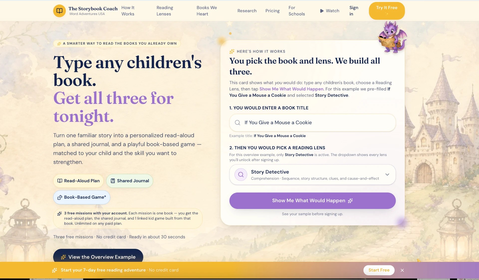 The Storybook Coach app home screen