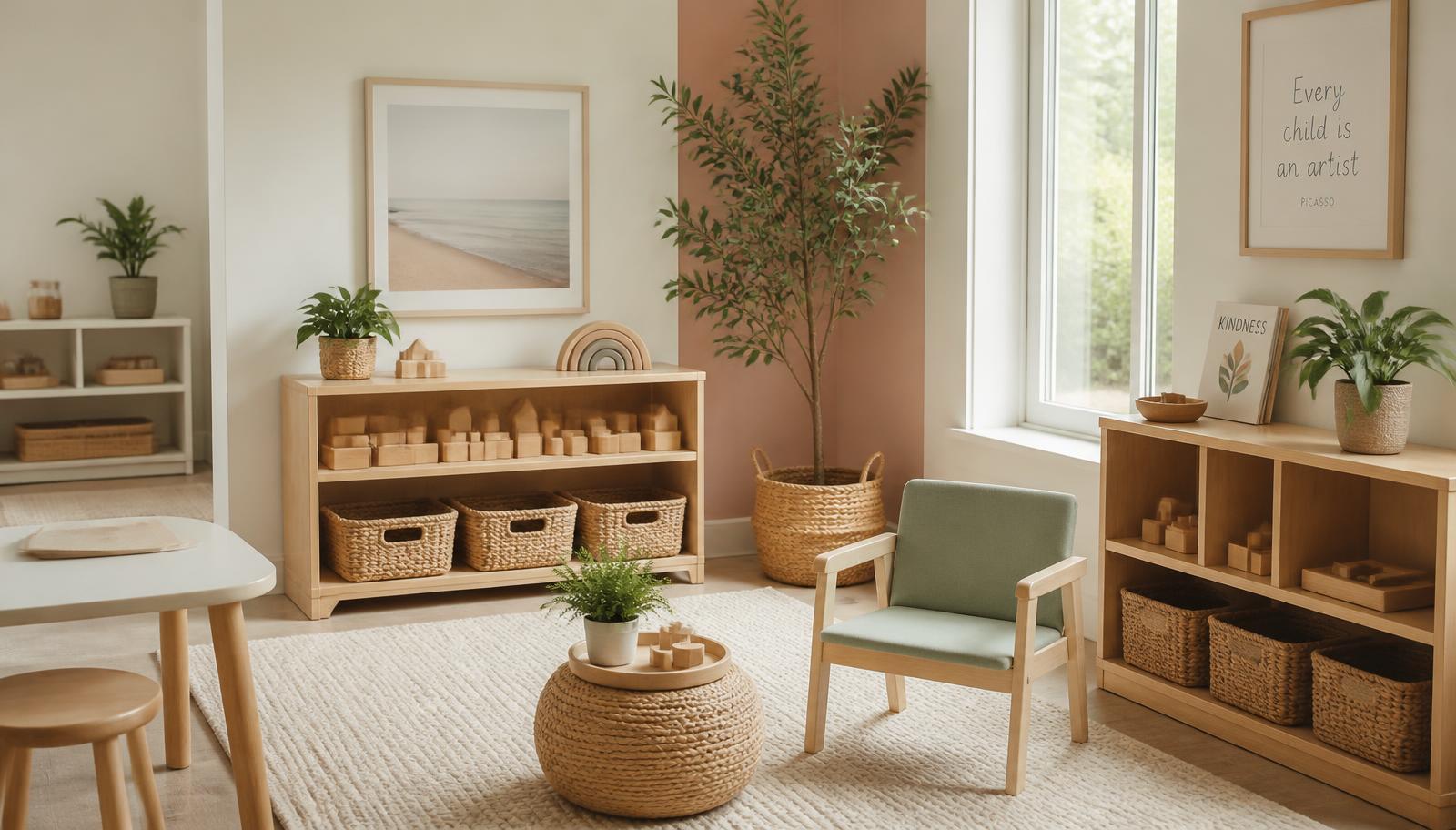 A warm early-learning classroom corner with low wooden shelves, woven baskets, soft natural light, and plants