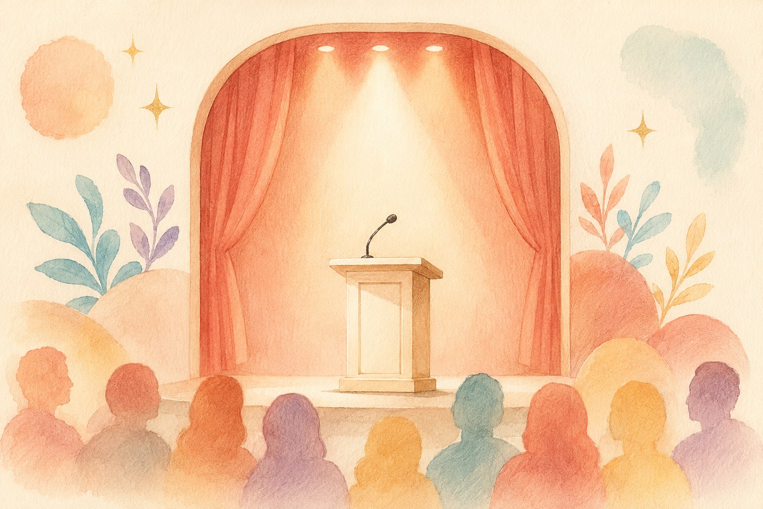 Illustration of a speaker at a podium in front of an audience