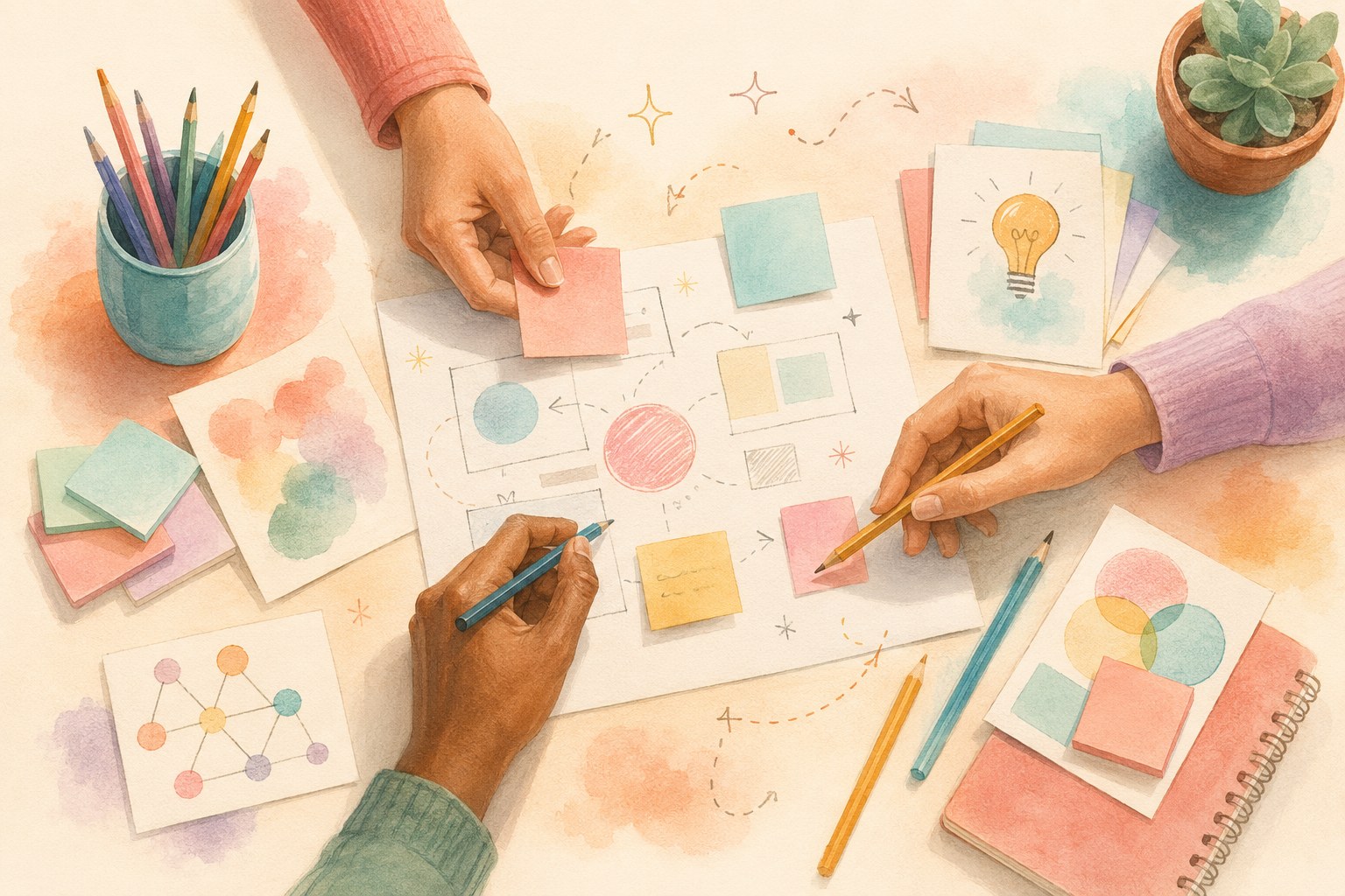 Illustration of hands collaborating over notes at a workshop table